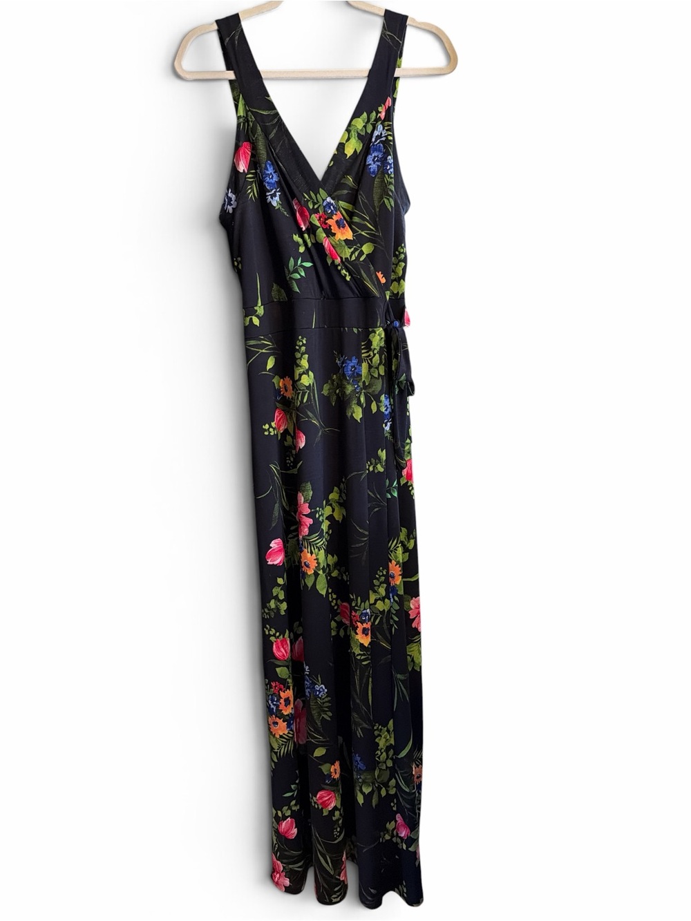 LE LIS Black Floral Sleeveless Faux Wrap Side-Tie Maxi Dress XL